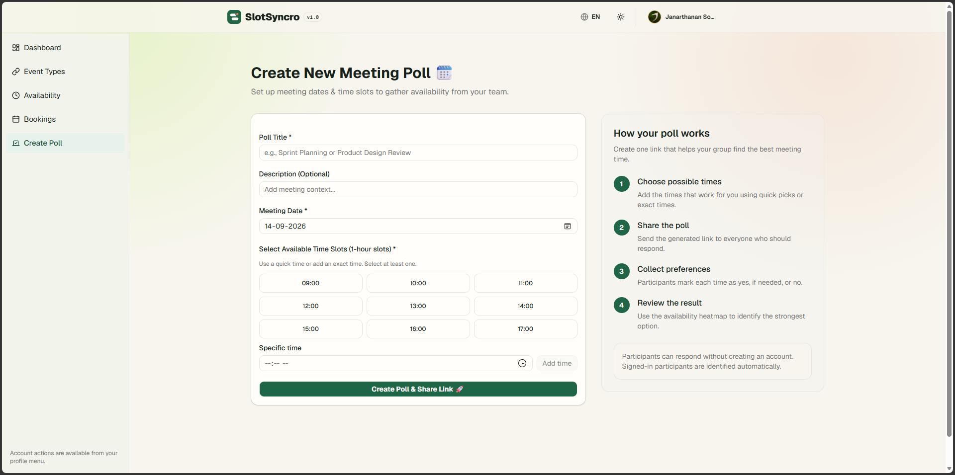Create Poll page with poll details, quick time choices, and an explanation panel