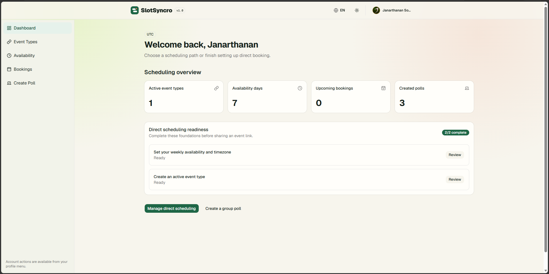 SlotSyncro dashboard showing scheduling totals and a completed readiness checklist