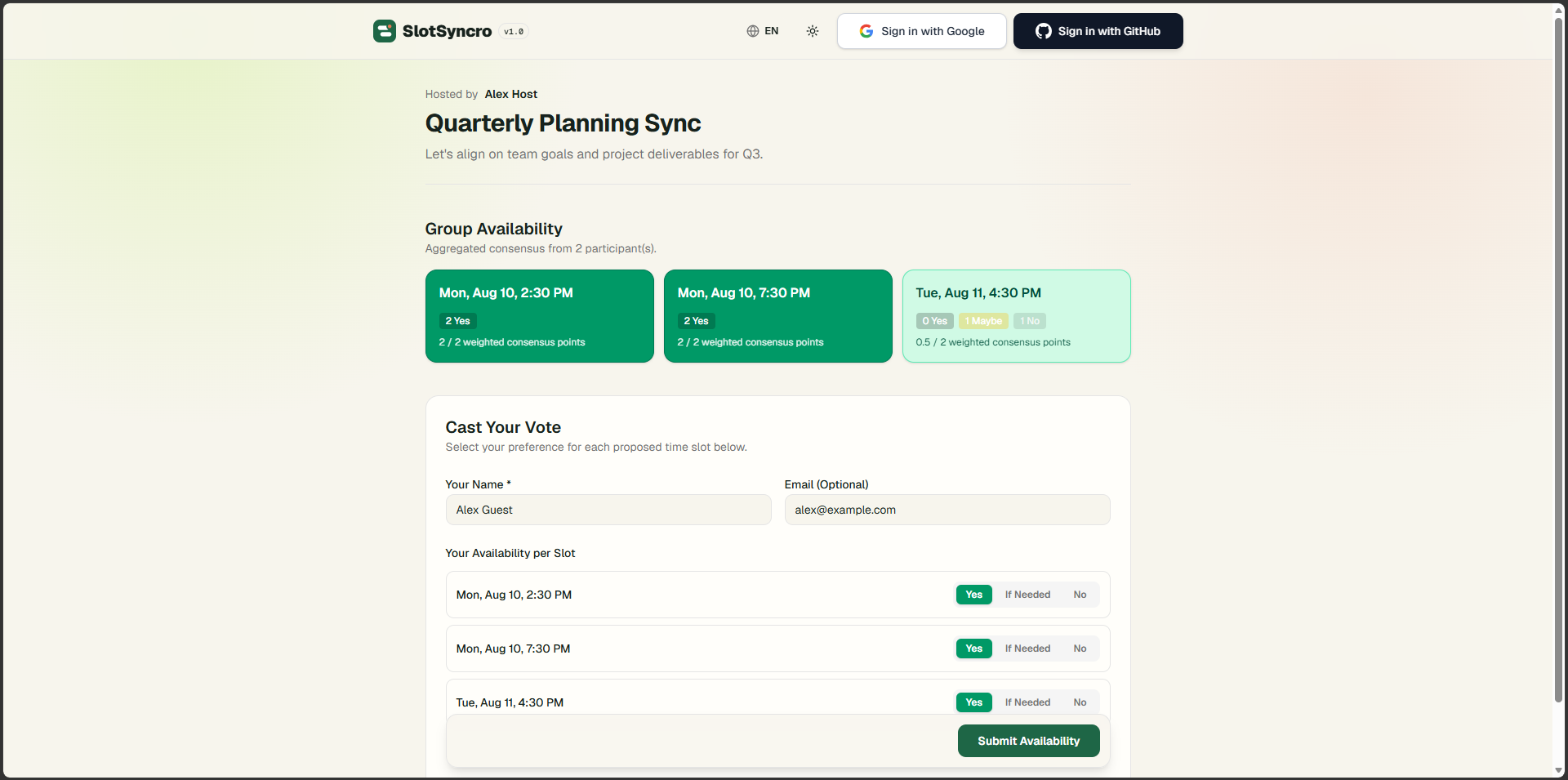 Public SlotSyncro poll showing group availability and an accountless participant response form